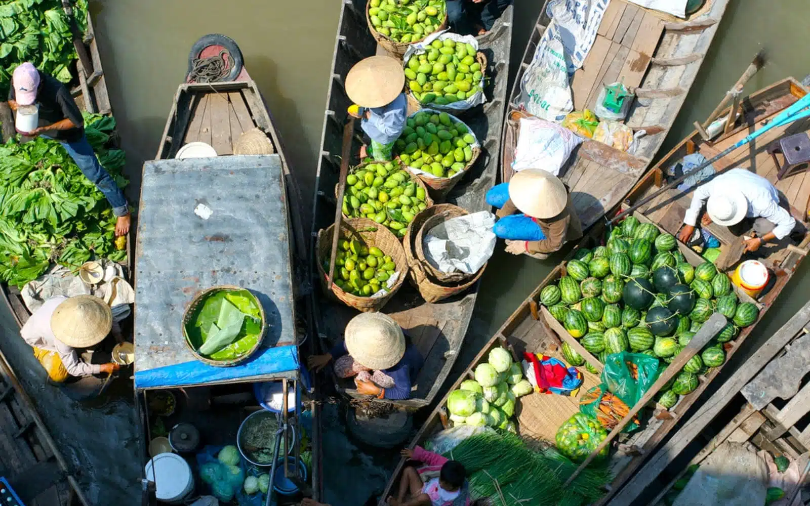 aerial view floating market boats vietnam